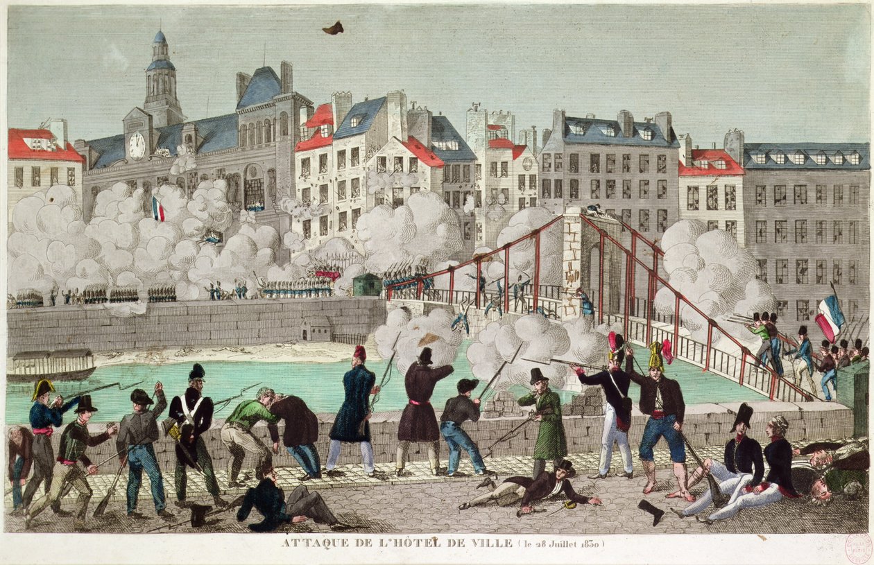 Angreb på rådhuset i Paris og slaget ved Arcola-broen, 28. juli 1830 (gravering) af Unbekannter Künstler