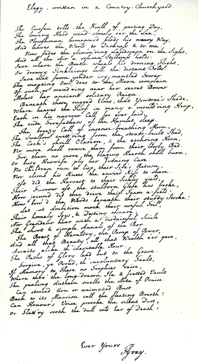 Autografkopi i håndskrift af digteren, Thomas Gray, af hans digt 