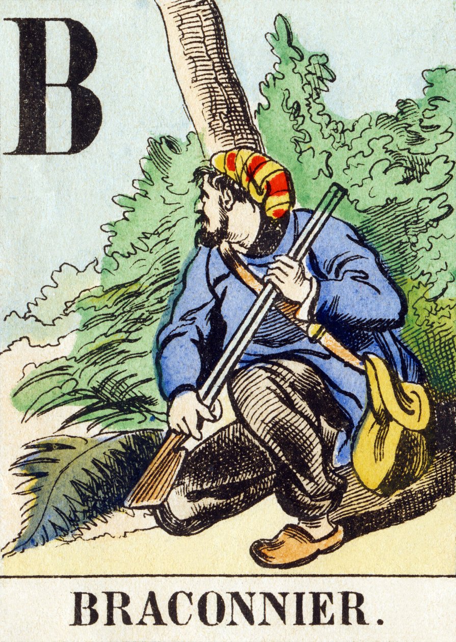 B : Braconnier - Jagtalfabetet, ca. 1890 (gravering) af Unbekannt
