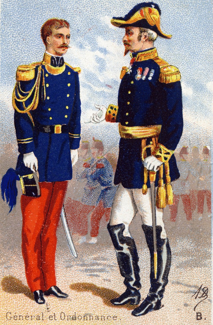 B: General og Forordning. Indgravering i "Militæralfabet". Illustratorens initialer: A. D. Ukendt forlag. Kromolitografier sidst i det 19. århundrede. Mål: 10,5 x 7 cm. af Unbekannt