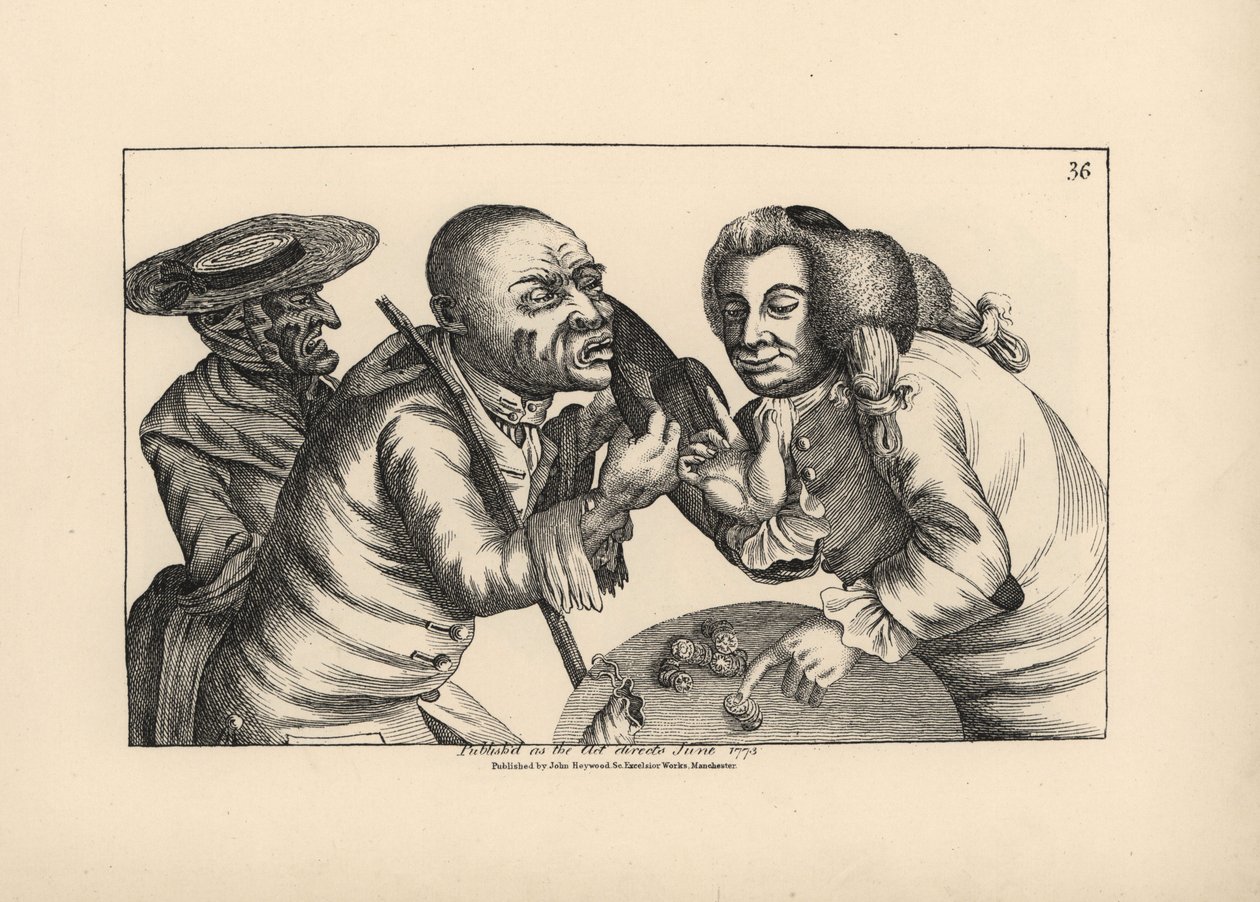 Den fallerede Toby og hans kone Doxy tigger ost og øl på et værtshus. Kobberstik af Thomas Sanders efter en satirisk illustration af Timothy Bobbin (John Collier) (1708-1786) fra Human Passions Delineated, John Haywood, Manchester. af Unbekannter Künstler