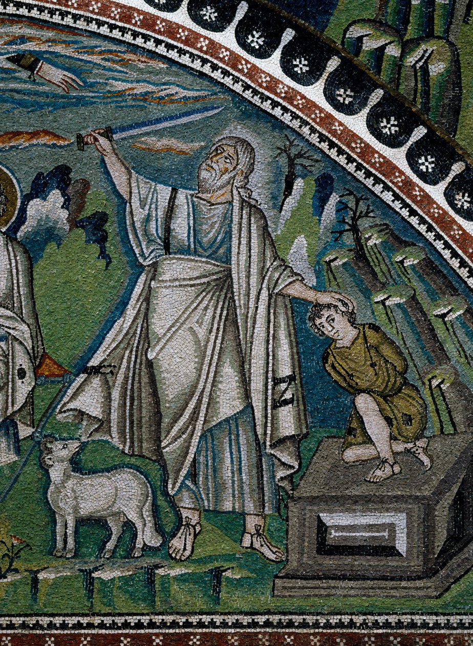 Basilica of San Vitale, Stories of Abraham, detalje af lunettemosaikker over indgangen til ambulatoriet, der repræsenterer Isaacs ofring, Ravenna, Emilia-Romagna, Italien af Benjamin Baud