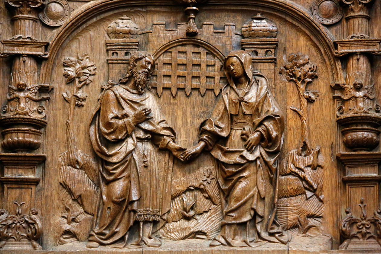 Basilica of St, Denis, boder i Goillons kapel (begyndelsen af det 16. århundrede), afbildning af Jomfru Maria og Josefs ægteskab, Saint-Denis, Frankrig af Unbekannt