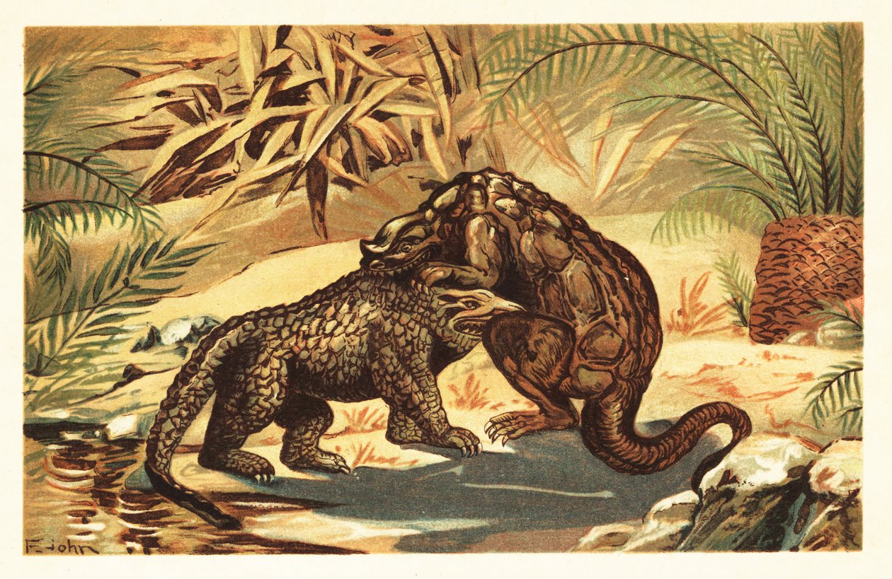 Kamp mellem en Megalosaurus bucklandii og Iguanodon bernissar1908 (litografi) af Unbekannter Künstler