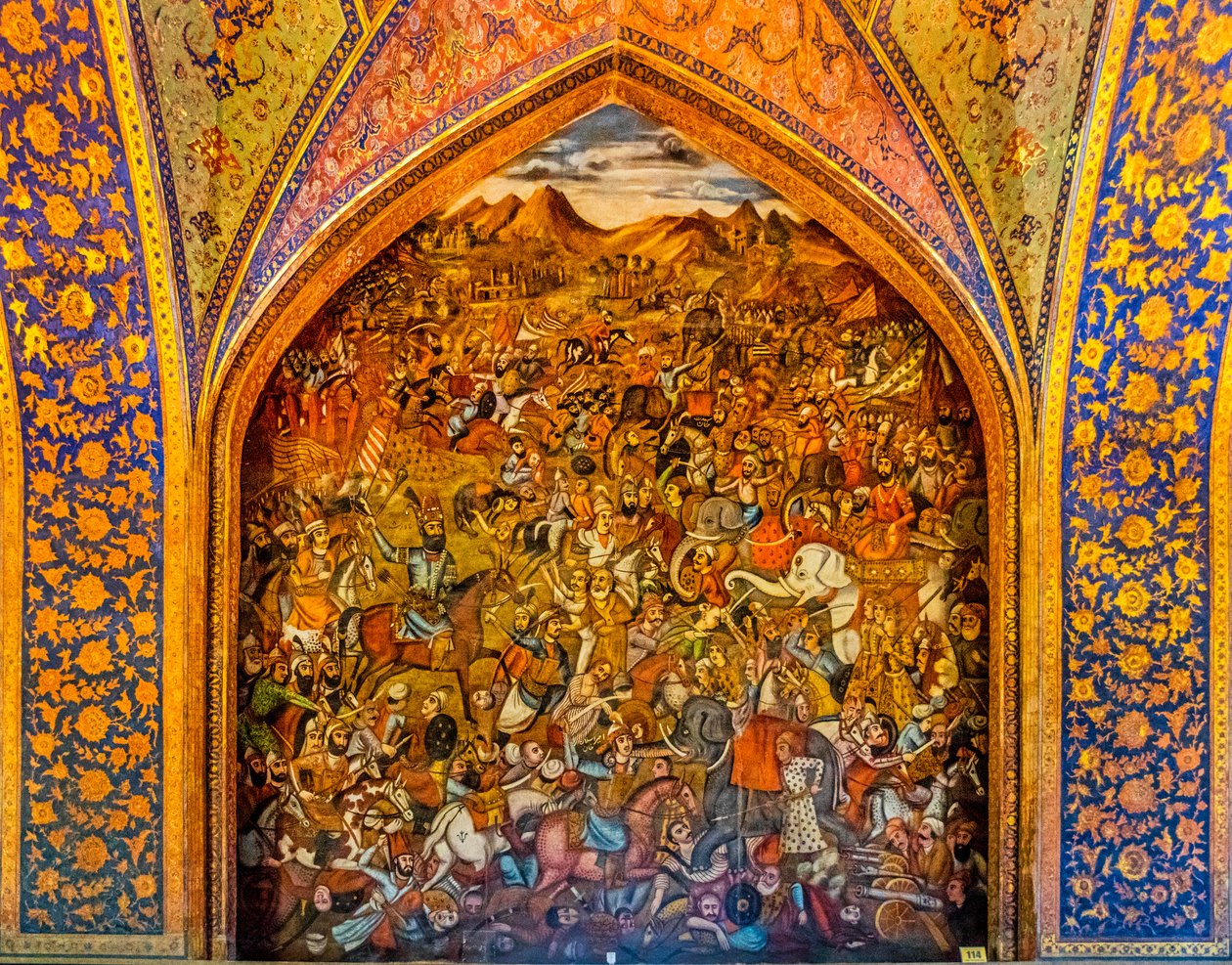 Slaget ved Chaldiran mod den osmanniske Selim I 1514, fresker med høviske scener og kampscener, Chehel Sotoun Palace, Isfahan, Isfahan, Iran, Asien (foto) af Unbekannter Künstler