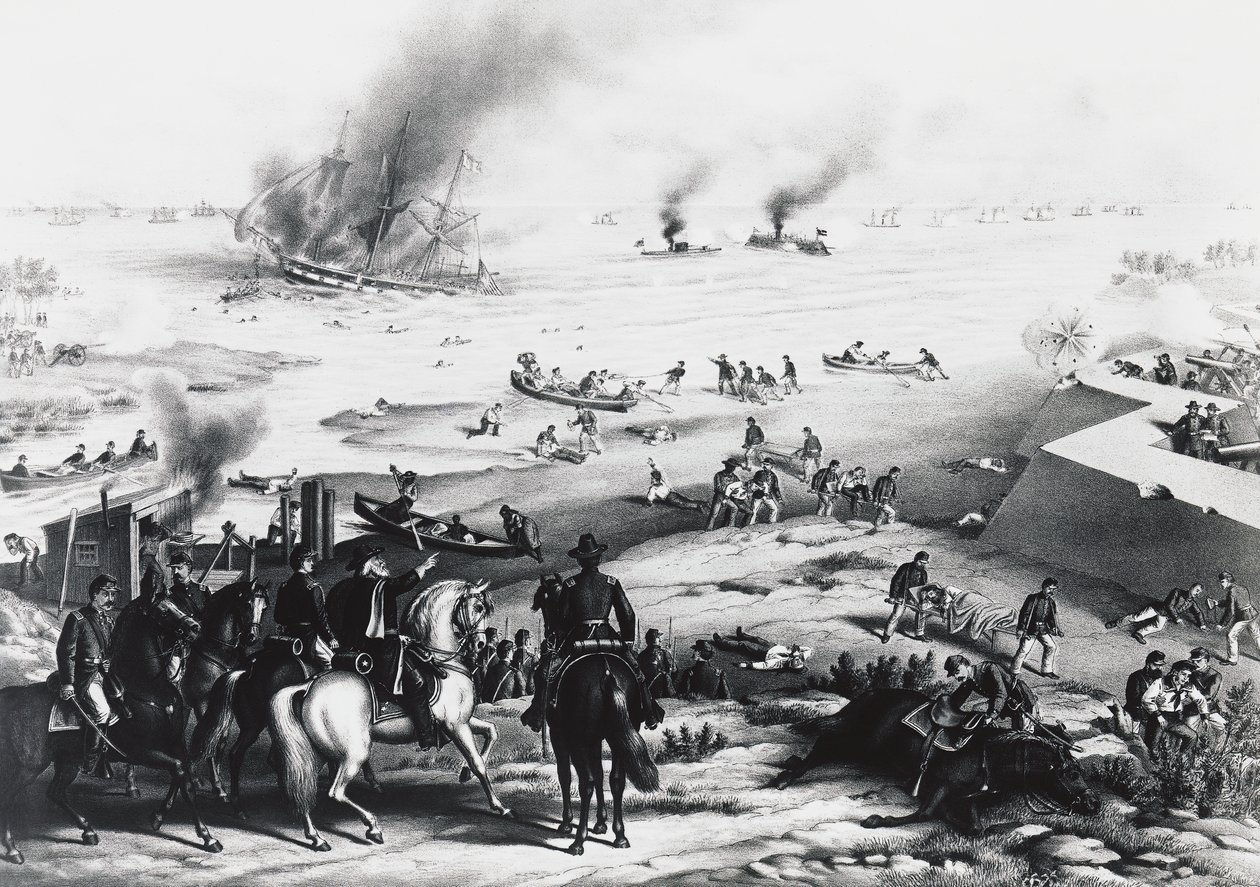 Battle of Hampton Roads eller Battle of Ironclads, USS Monitor og CSS Virginia (til højre), 9. marts af William M. Timlin