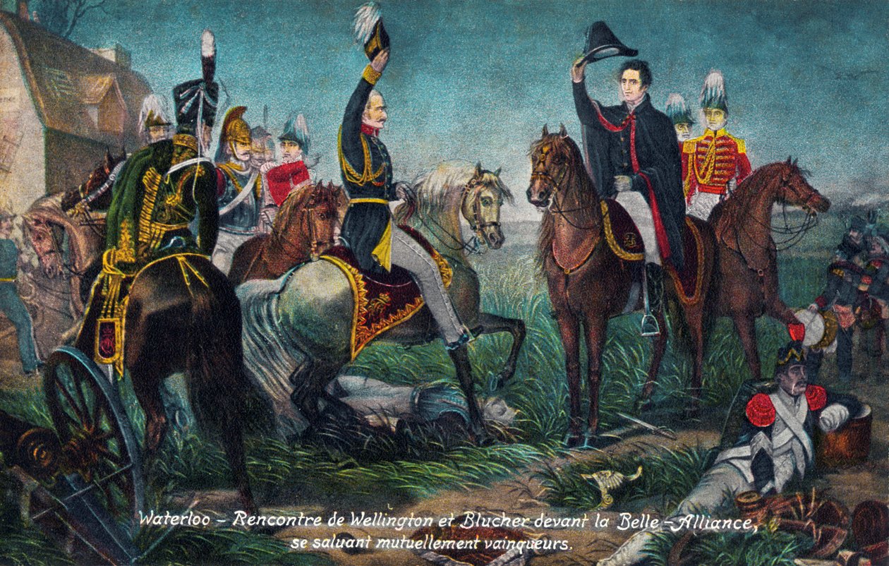 Slaget ved Waterloo: Wellington og Blucher mødes i 1815 (print) af Unbekannter Künstler