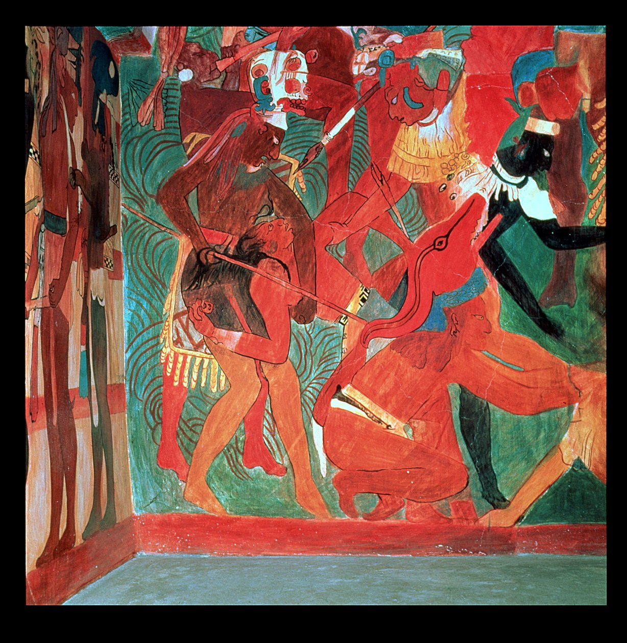 Kampscene afbildet i rum 2 i det malede tempel i Bonampak, Mayan, sen klassisk periode, ca. 800 (vægmaleri) af Unbekannter Künstler