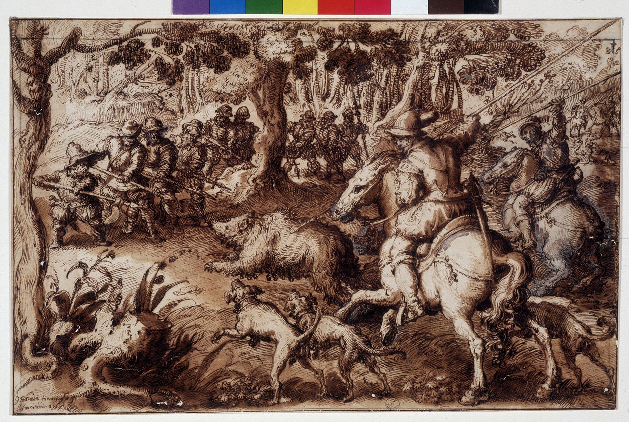 Bjørnejagt. Tegning af Giovanni Stradano (Jan Van Der Straet) (Johannes Stradanus) (1523-1605). Firenze, Gabinetto dei Disegni e delle Stampe degli Uffizi (Uffizi). GDSU 2343 F af Unbekannter Künstler