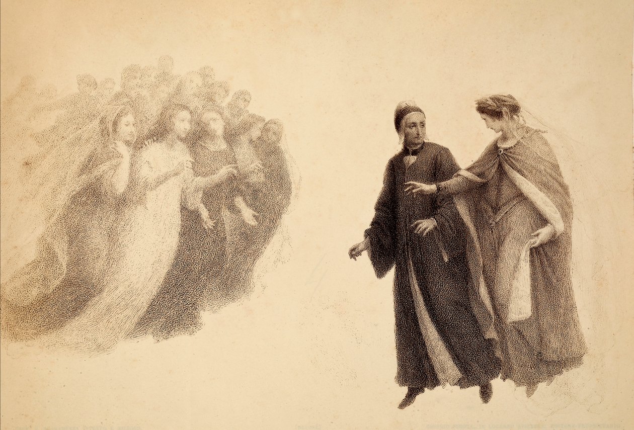 Beatrice, på Paradisets himmelhvælving, viser Dante en gruppe sjæle. Illustration af Canto III i Paradiso i Den guddommelige komedie af Dante Alighieri. Et værk af Franceso Scaramuzza dedikeret til Firenzes kommune. af Unbekannter Künstler
