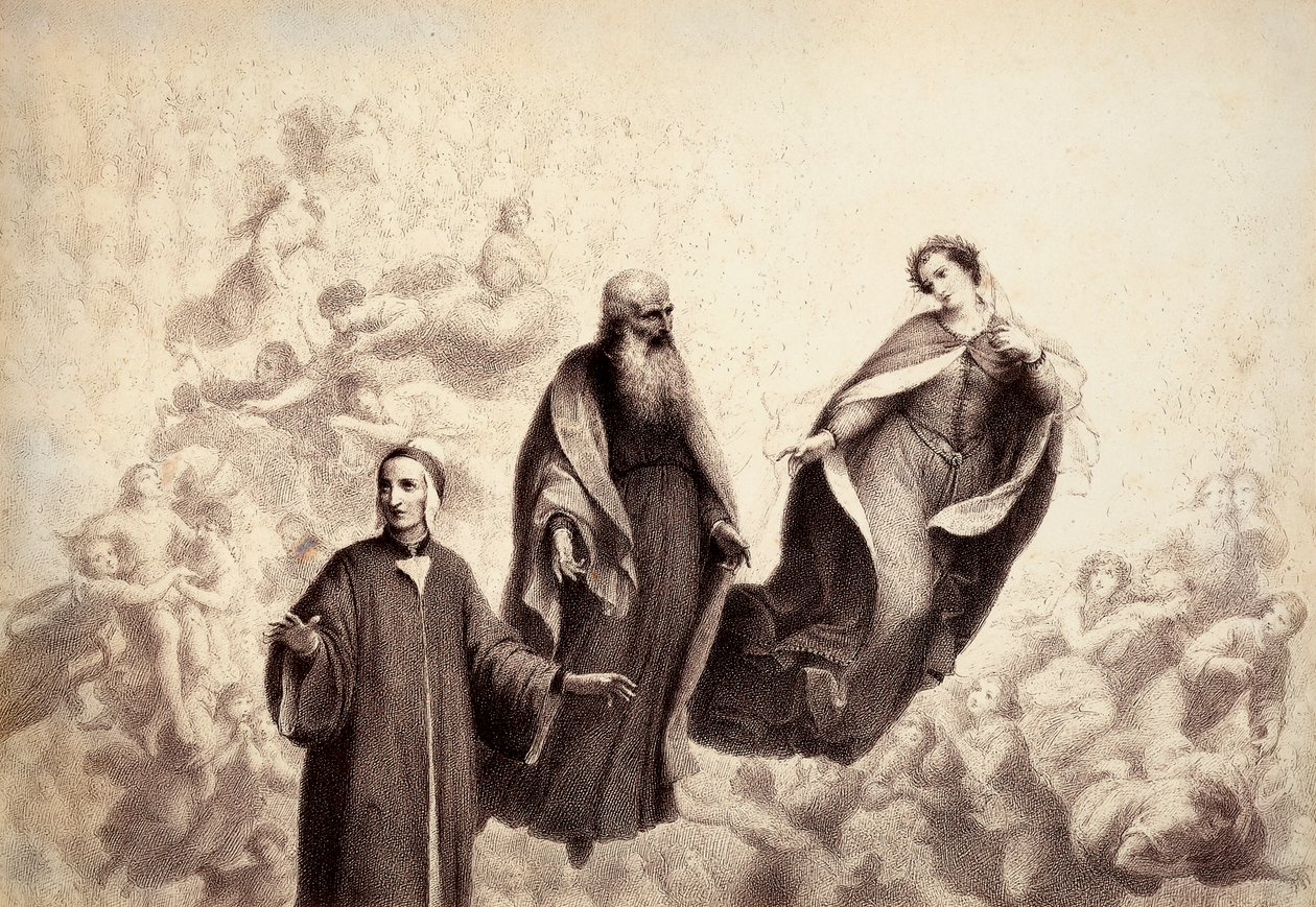 Beatrice bevæger sig væk fra Dante, og ved hans side dukker Sankt Bernhard op. Illustration af Canto XXXI i Paradiso af Den guddommelige komedie af Dante Alighieri. Værk af Francesco Scaramuzza dedikeret til Firenzes kommune. af Unbekannter Künstler