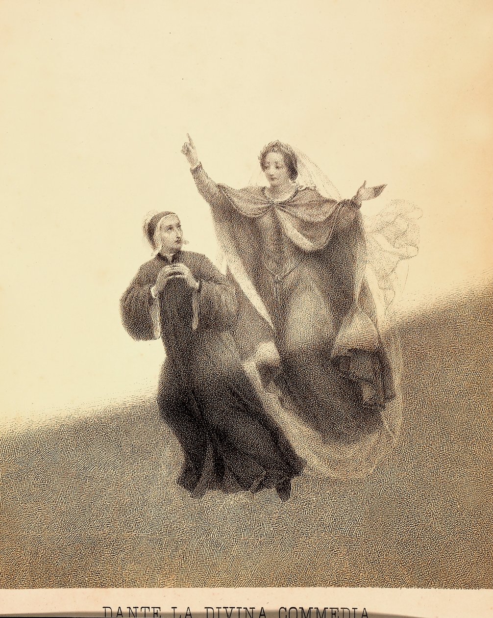 Beatrice peger opad med sin pegefinger og fører Dante gennem Paradisos himmelhvælving. Deres kroppe oplyses af en lysstråle. Illustration af Canto I af Paradiso i Den guddommelige komedie af Dante Alighieri. Franceso Scaramuzza dediceret værk. af Unbekannter Künstler