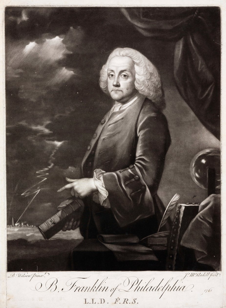 Benjamin Franklin, amerikansk teoretiker om statisk elektricitet af Unbekannt