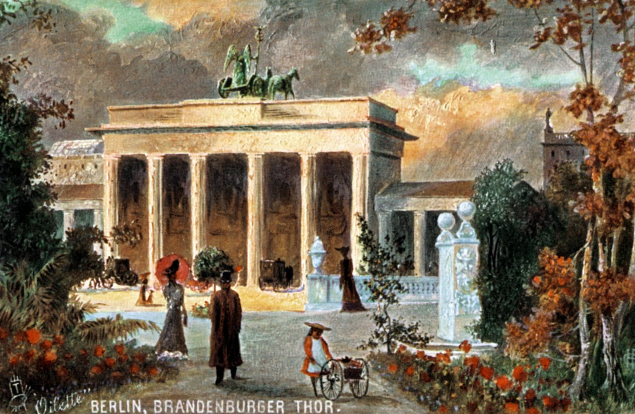 Berlin - Brandenburger Thor. Udsigt over Brandenburger Tor, med blomster og forbipasserende, slutningen af 19/20. århundrede (print) af Unbekannter Künstler