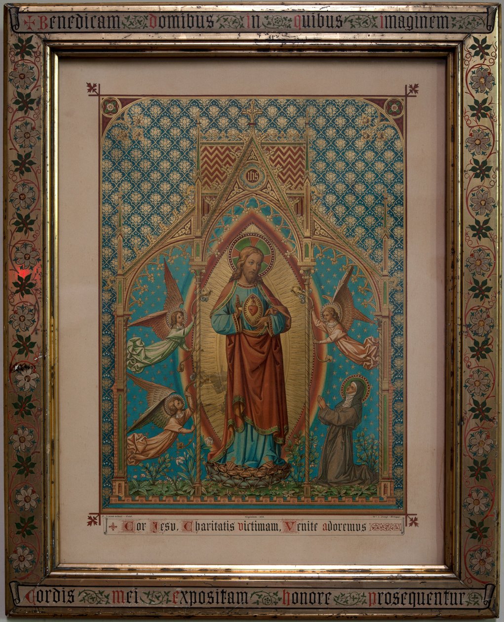 bevere. Sognekirke (Sankt Peters orkestre). Interiør. Andagt farvet tryk. S Lucas skole Gent, Ejendom 1875, W Z Dreyt Brugge. Nygotisk. af Unbekannt