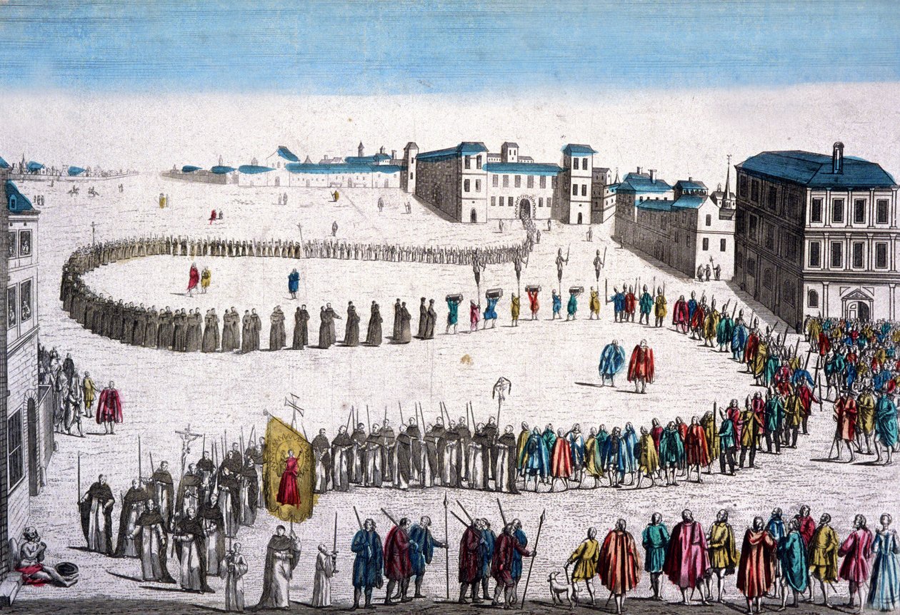Inkvisitionens store procession i Lissabon, fransk kobberstik af Unbekannter Künstler