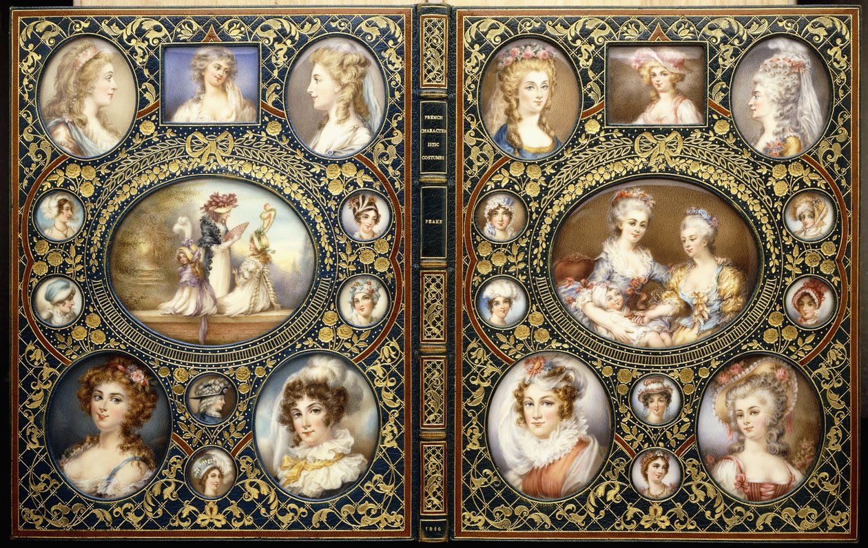 Indbinding med 24 portrætminiaturer, fra bogen "French Characteristic Costumes" af Richard Brinsley Peake, 1816 af Unbekannt