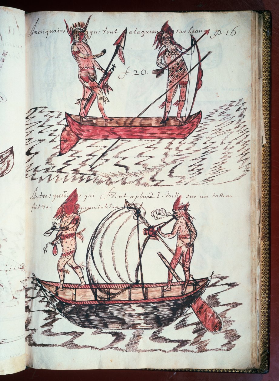 Boats of Indians, side fra Codex Canadensis (1664-1675), manuskript på pergament af Louis Nicolas, Frankrig af William M. Timlin