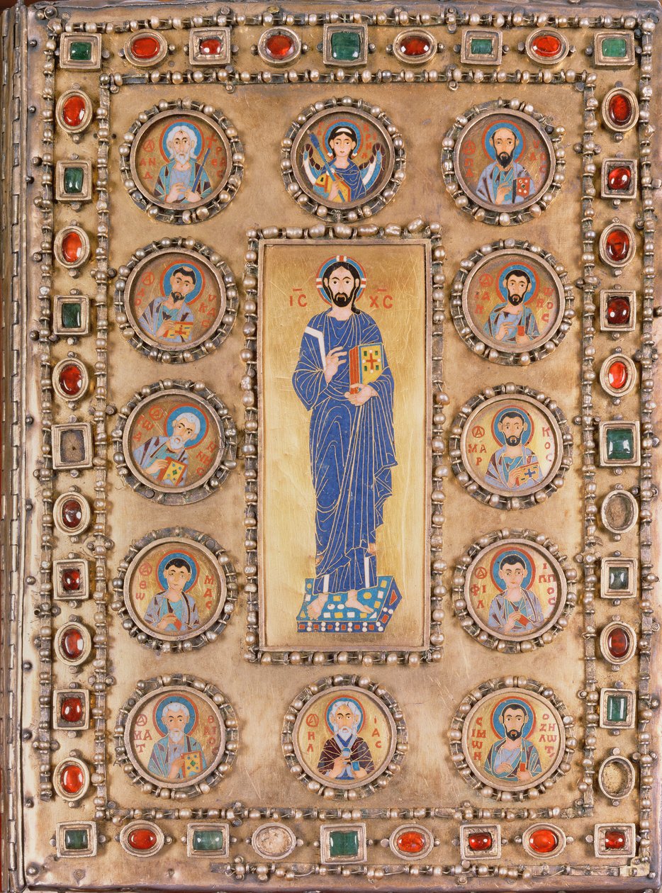 Bogomslag, der viser Kristus velsignelse, med rundeller, der afbilder helgener af Unbekannt