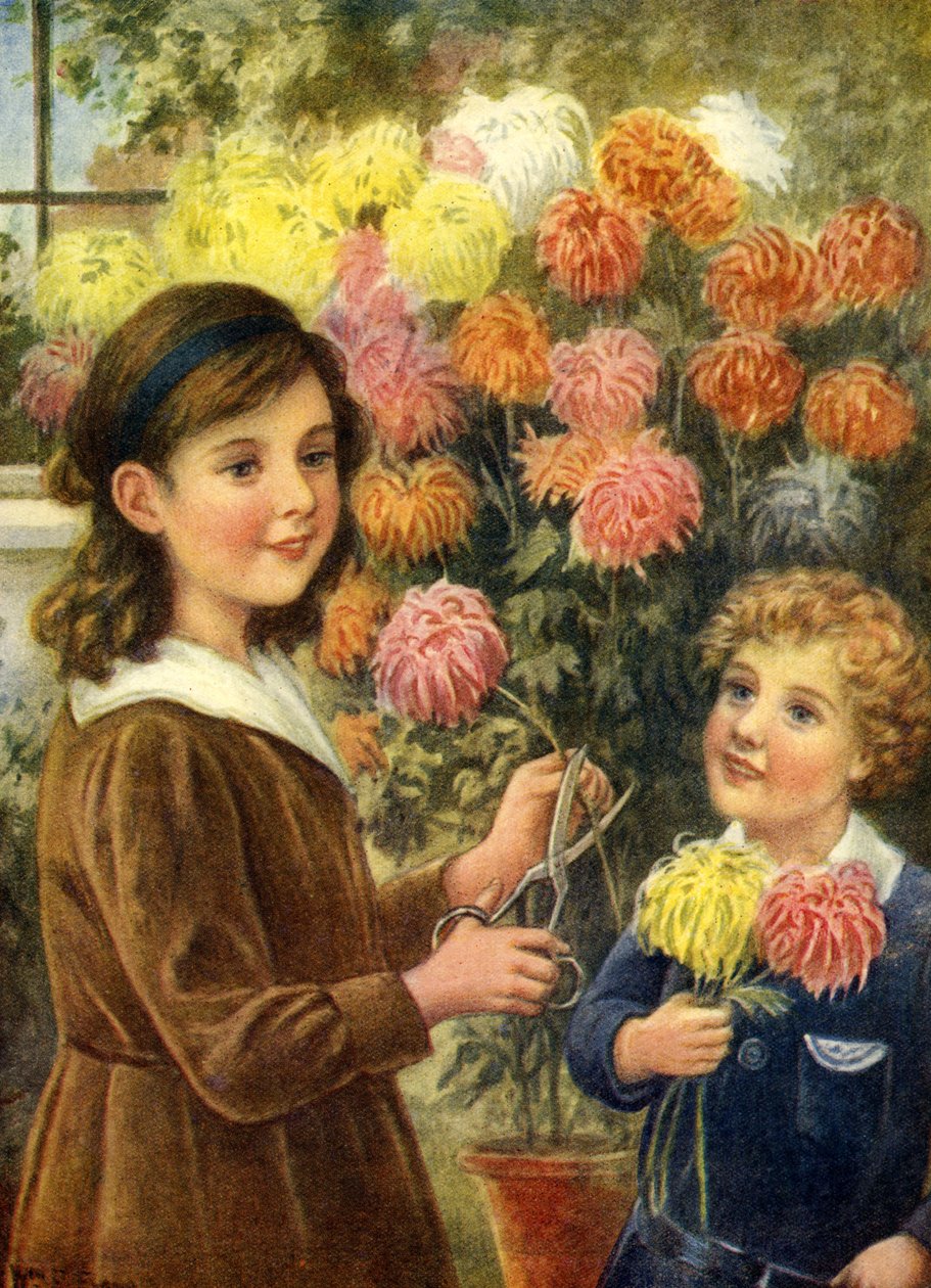 Dreng og pige skærer blomster i haven uden for deres hjem af Unbekannter Künstler