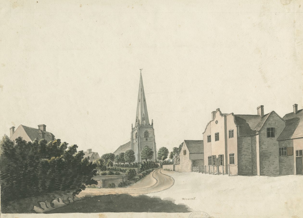 Brewood Grammar School: tegning med farvepenne, nd [?1800-tallet] af Unbekannt