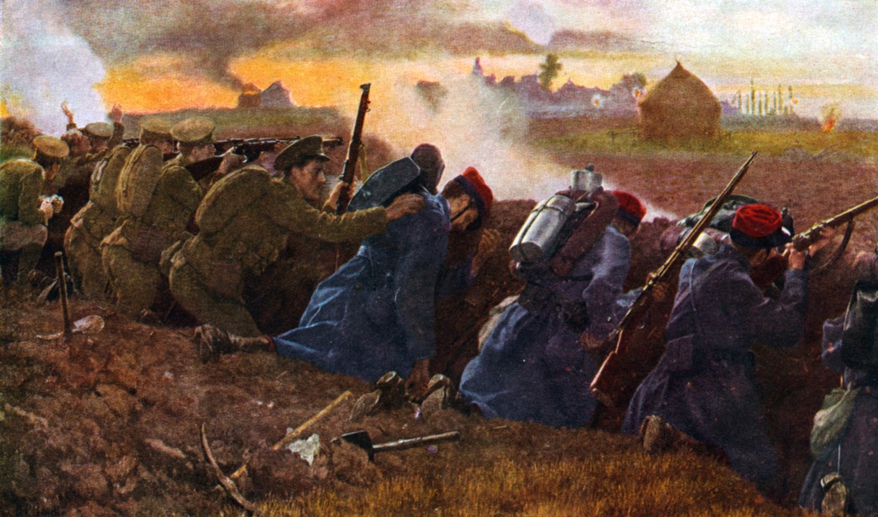 Britiske tropper kæmper med franskmændene for at stoppe det første tyske angreb, efteråret 1914 af Unbekannter Künstler