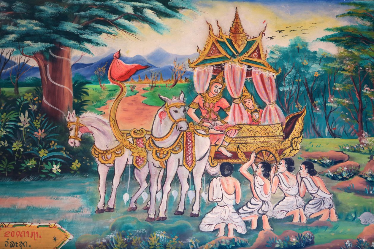 Buddha og prinsesse Yashodhara og deres søn, Rahula. Buddhas liv. Vægmalerier. Wat Inpeng. Ventiane. Laos, 20151029, Vientiane, Laos af Unbekannt
