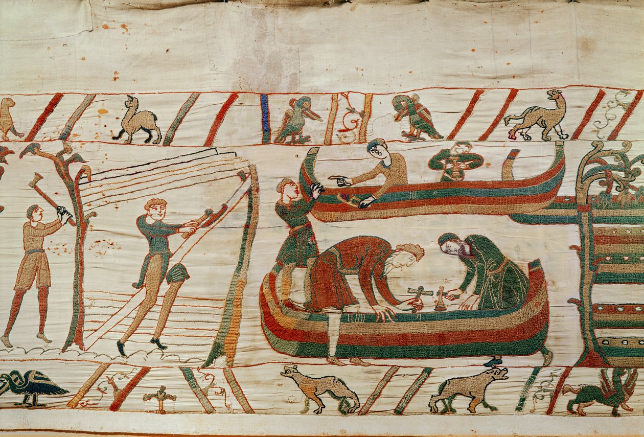 Bygning af skibe under ordre fra Duke William, Bayeux Tapestry (uldbroderi på hør) af Unbekannt