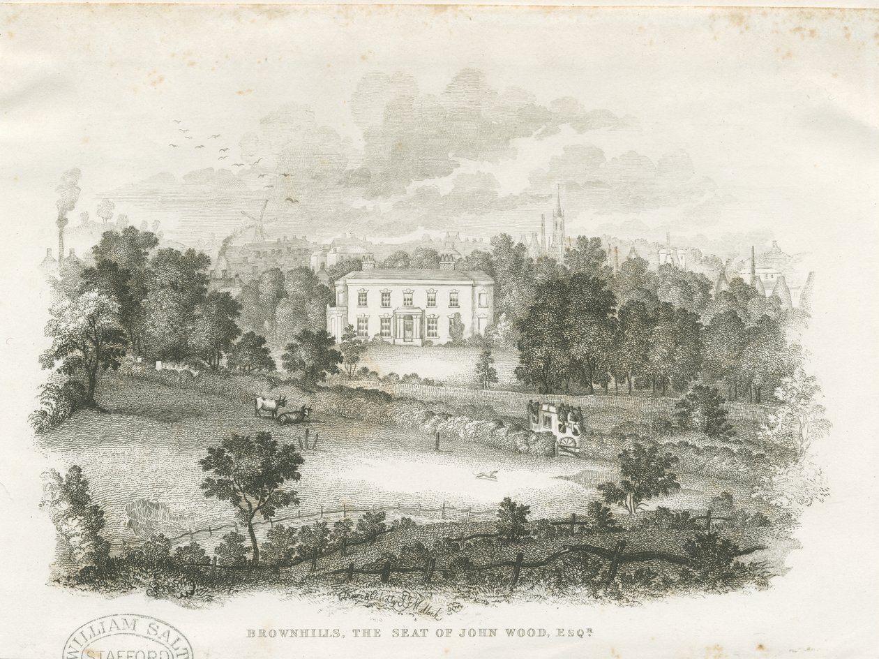 Burslem - "Brownhills" House: engraving, and [? 19th century] dani af Unbekannt