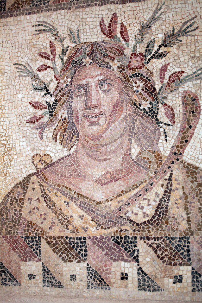 Buste af efteråret - Detalje af panelet med fire årstider - Paphos mosaikker, Dionysos hus - Slutningen af det 2. århundrede e.Kr. - Cypern - Personificering af efteråret - Detalje af mosaikken af de fire årstider - Mosaikker af Paphos, Dionysos hus - Slut af Unbekannt
