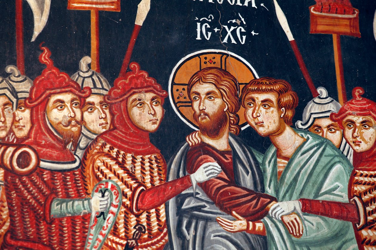Byzantinsk fresko fra det 15. århundrede Juda forræderi og arrestationen af Jesus Michael Ærkeengel Kirke i Pedoulas Cypern Malede kirker UNESCO-sted Troodos, Cypern af Unbekannt