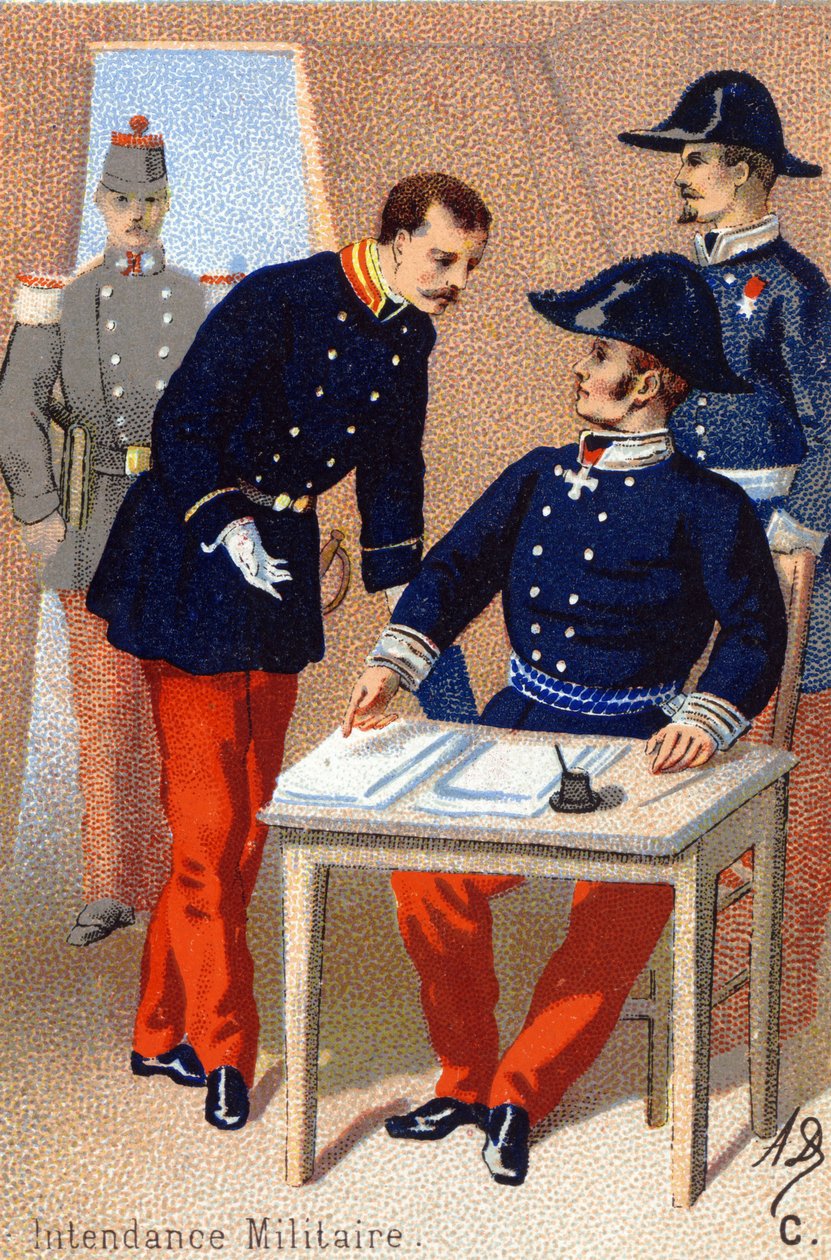 C: Militært forvaltning. Indgravering i "Militæralfabet". Illustratorens initialer: A. D. Ukendt forlag. Kromolitografier sidst i det 19. århundrede. Mål: 10,5 x 7 cm. af Unbekannt