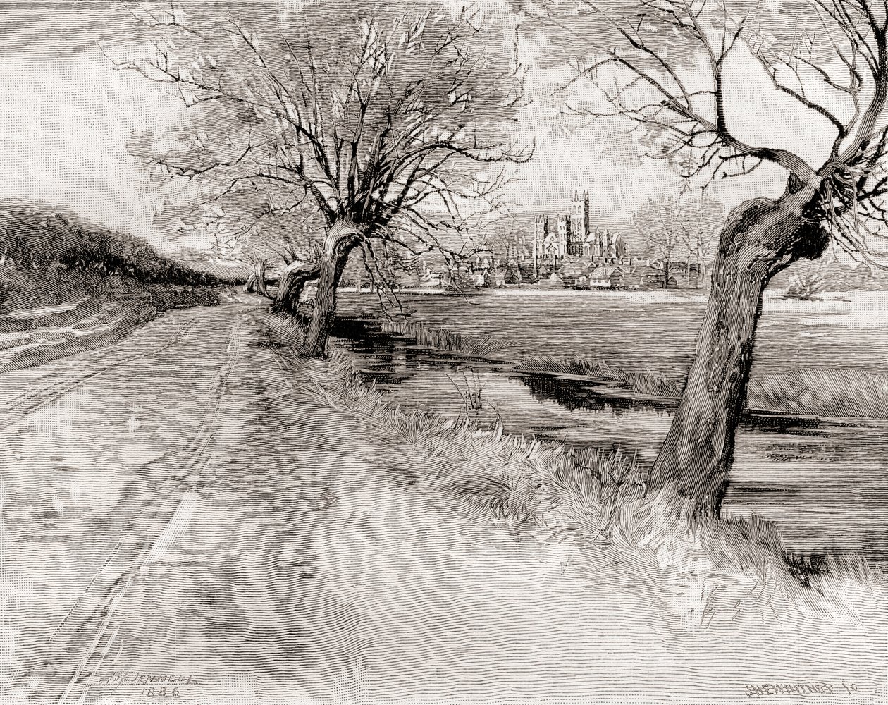 Canterbury Cathedral, fra sydvest, ved solnedgang, fra The Century Magazine, udgivet 1887 (gravering) af Unbekannt