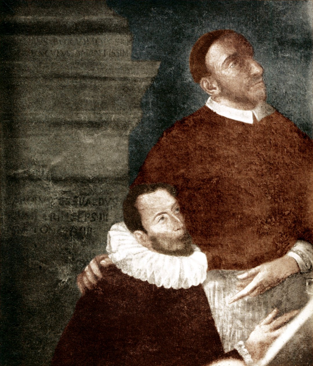 Carlo Gesualdo, Prins af Venosa. 1560-1613. I maleri med sin onkel Carlo Borromeo. Gesualdo er knælende skikkelse. Maleri hænger i Gesualdo, Santa Maria delle Grazie kirke (Kapuchinerbrødrenes kloster). Troede at være en altertavle fra 1609 af Giova af Unbekannter Künstler