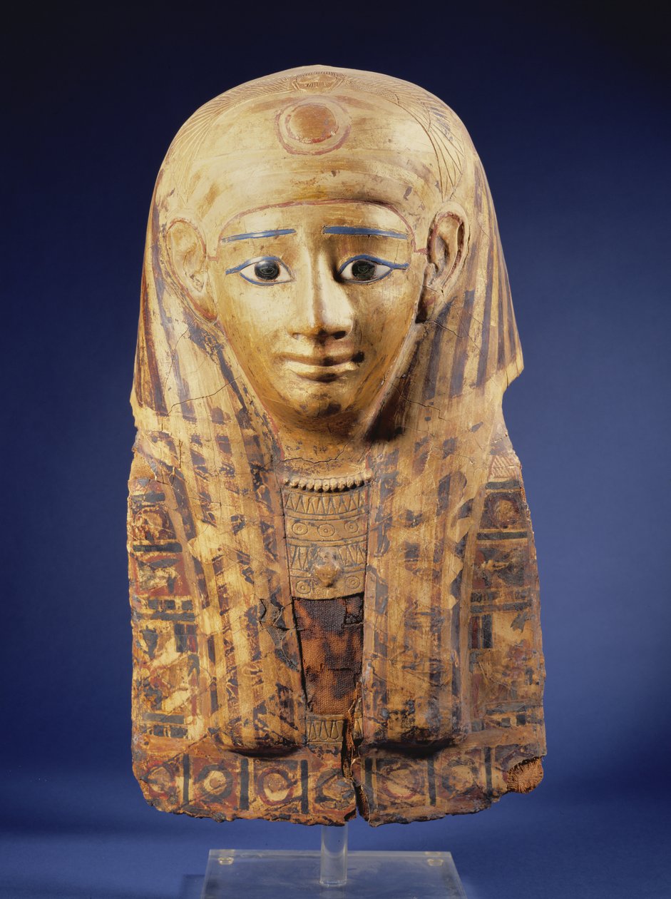 Kartonnage mumie hovedbeklædning med lappet paryk, øjnene indlagt med obsidian og alabast, egyptisk, sen periode (644-332 f.Kr.) af Unbekannt