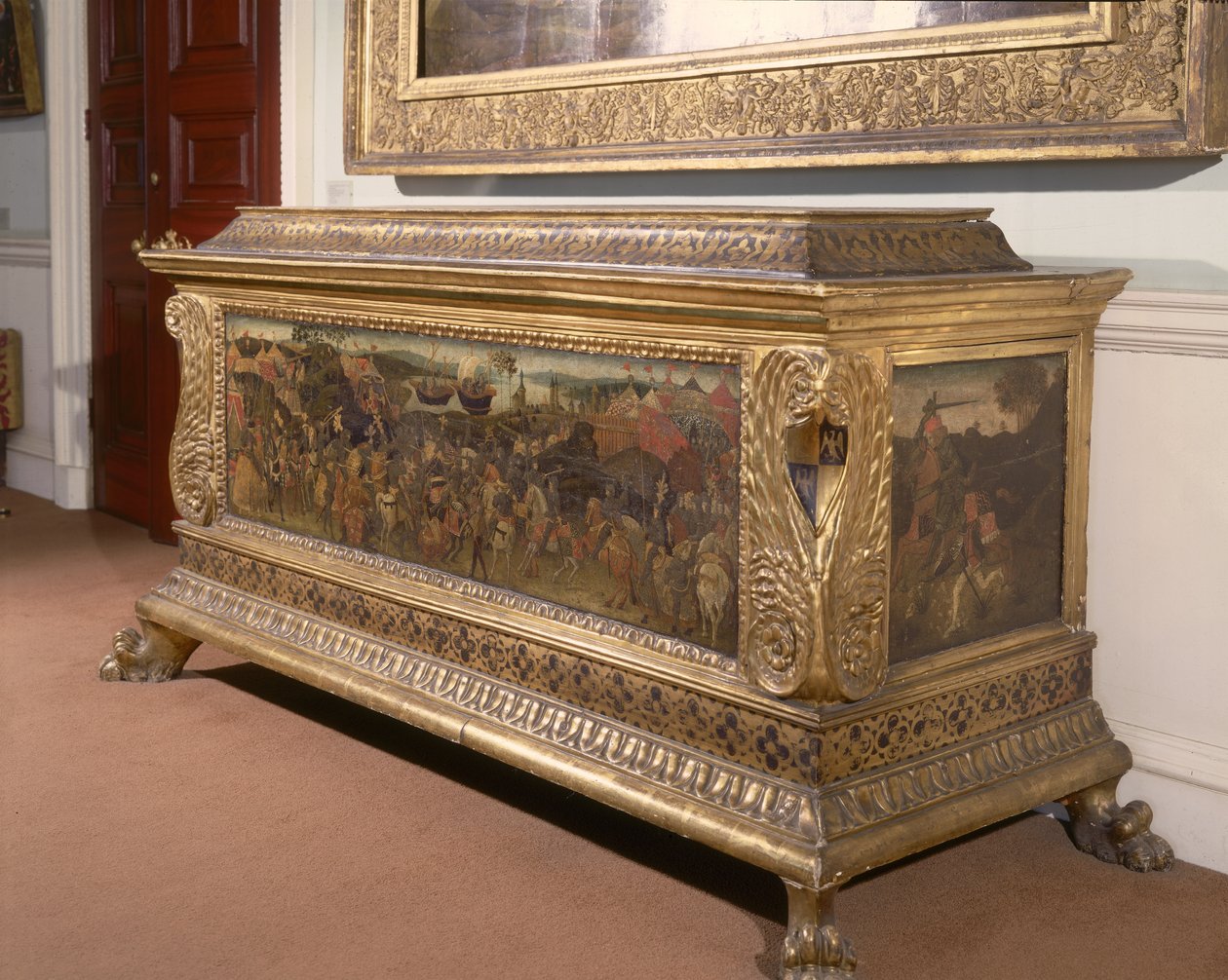 Cassone, med malede paneler, der viser slaget ved Pharsalia fra Pompejus og Cæsars historie, Florentine School af Unbekannt