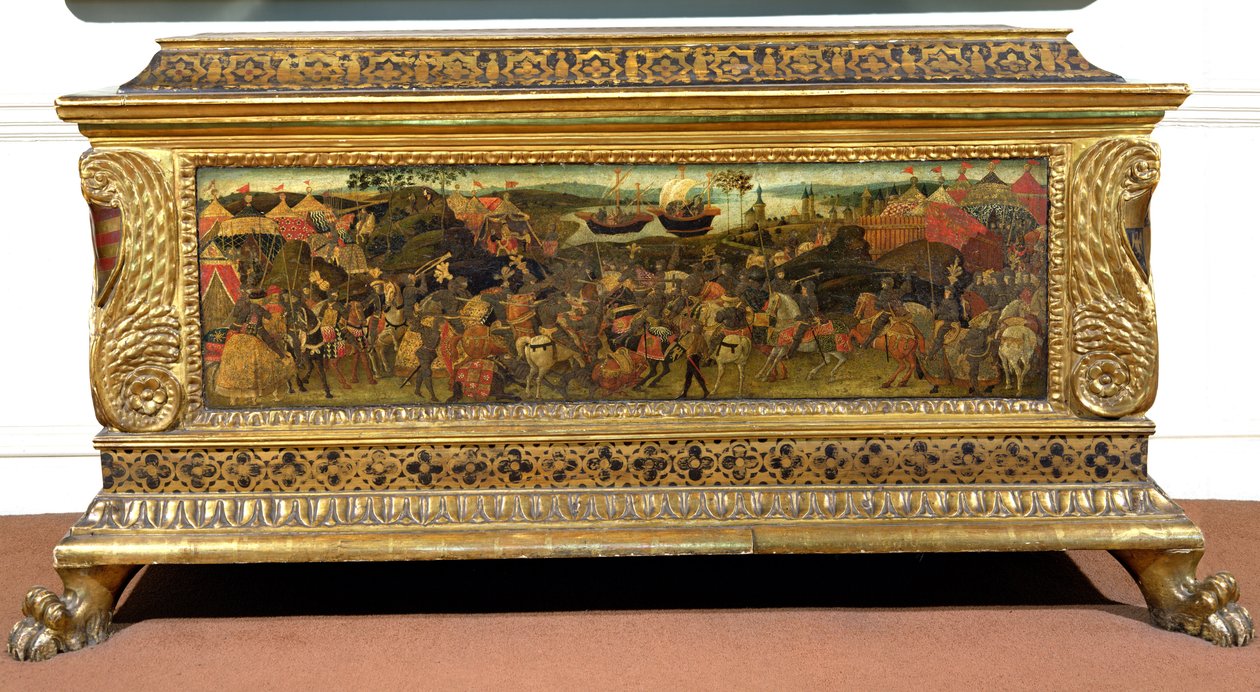 Cassone, med malet sidepanel, der viser slaget ved Pharsalia fra 