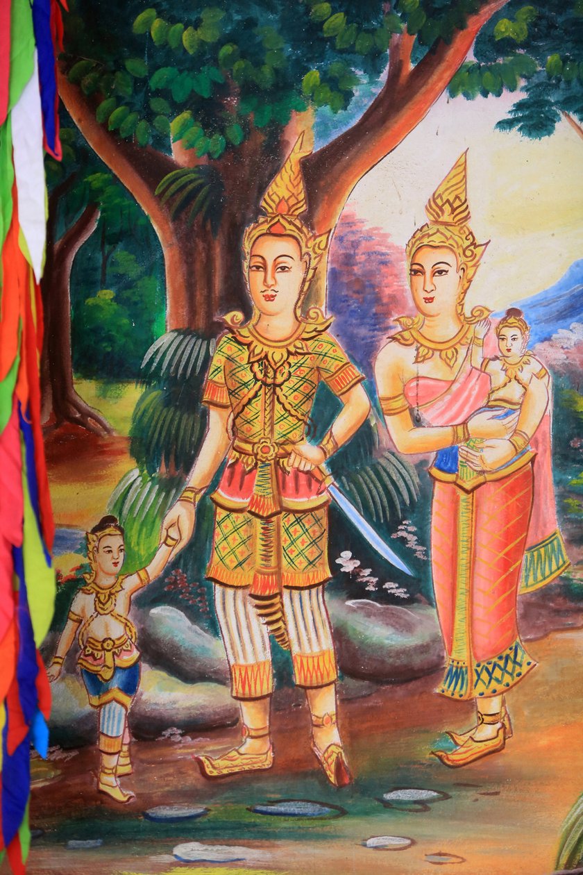 Loftkunstværker, der viser Buddhas liv. Wat Si Sou Mang Karam Temple. VIENG VANG. Laos, 20151102, Vieng Vang, Laos af Unbekannt