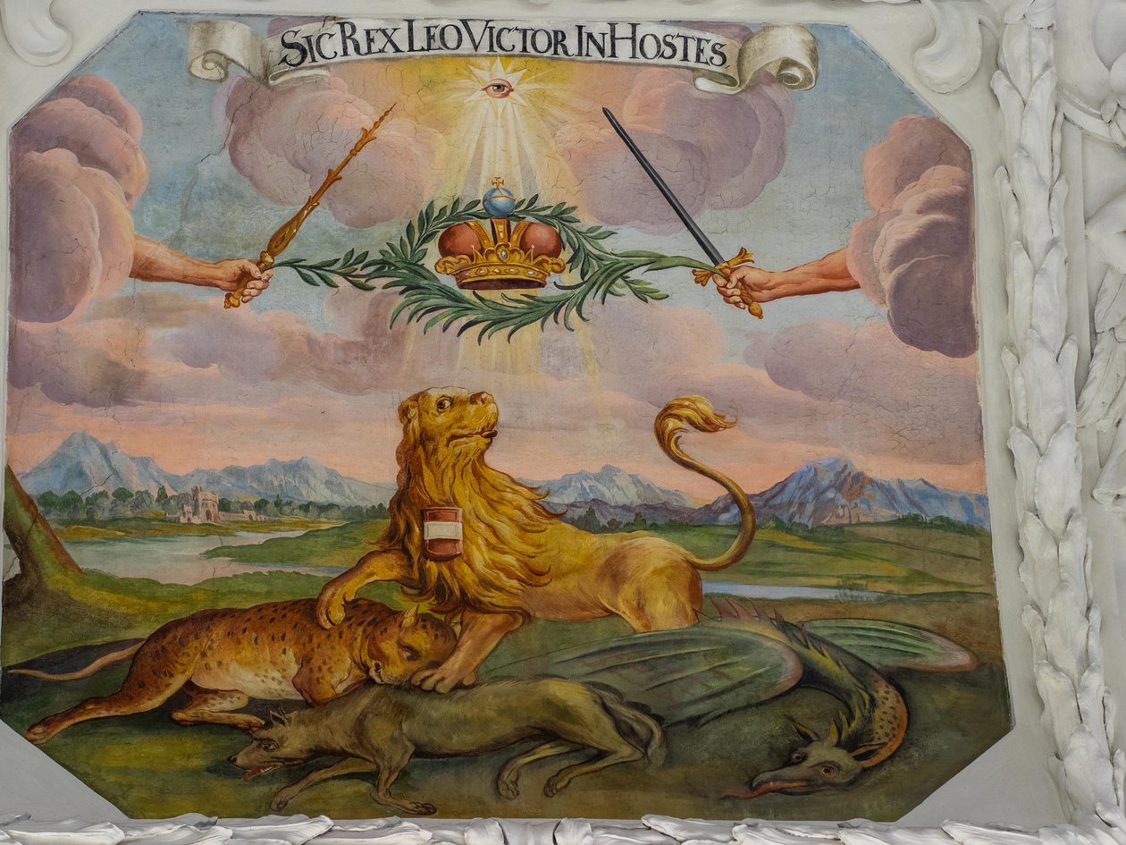 Loftsfreskomaleri i midtergangen til Skt. Catherines kirke, allegoriske afbildninger af kejser Leopold I