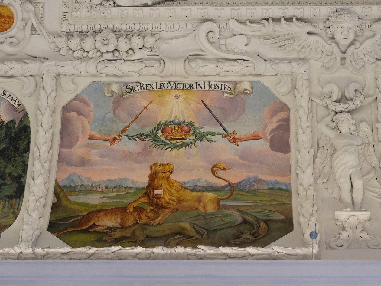 Loftfreskomaleri i midtergangen til Skt. Catherines kirke, allegoriske skildringer af kejser Leopold I