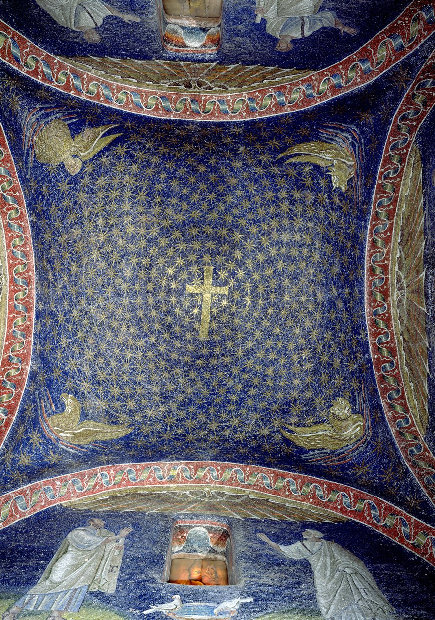 Midthvælving, der forestiller et gyldent kors på en stjernestrøet himmel med apostlenes attributter, 5. århundrede (mosaik) af Unbekannt