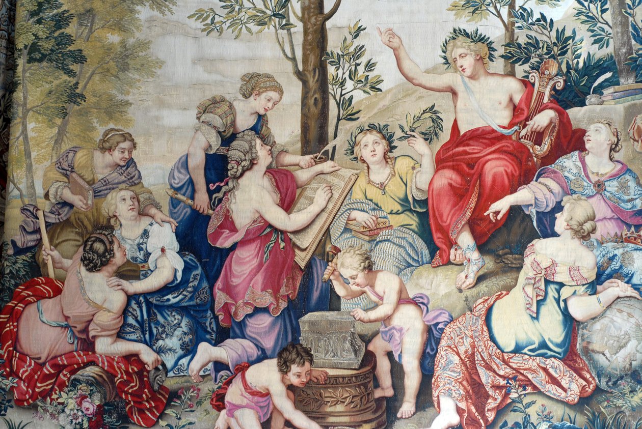 Chateau de Fontainebleau: detalje, draperi vævet til Ludvig XIV på Gobelins fabrikken fra 1687 efter de store malerier af Pierre Mignard på Chateau de Saint Cloud til Monsieur Philippe Duc d