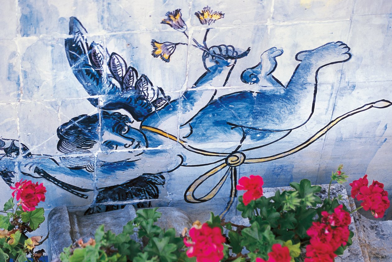 Cherub, azulejos fliser, Palace of Marquises of Fronteira, Lissabon, Portugal, Detail af Benjamin Baud