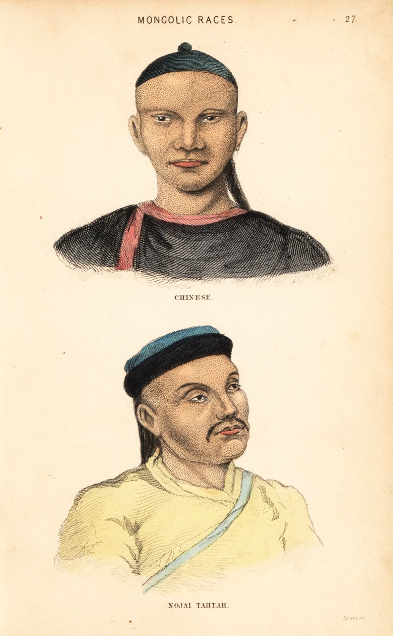 Kinesisk mand og tatarisk mand fra Nogai-horden. Mongolske racer. Håndkoloreret stålstik af Lizars efter en illustration af Charles Hamilton Smith fra hans Natural History of the Human Species. af Unbekannter Künstler