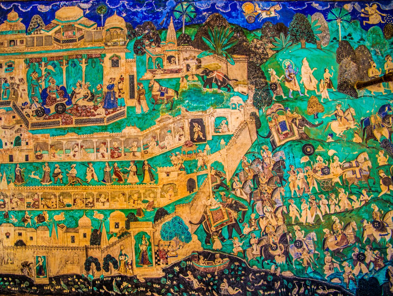 Chittra Sala gårdhave med virtuose fine malerier, Taragarh Fort, Bandi, Bandi, Rajasthan, Indien, Asien (Foto) af Unbekannter Künstler