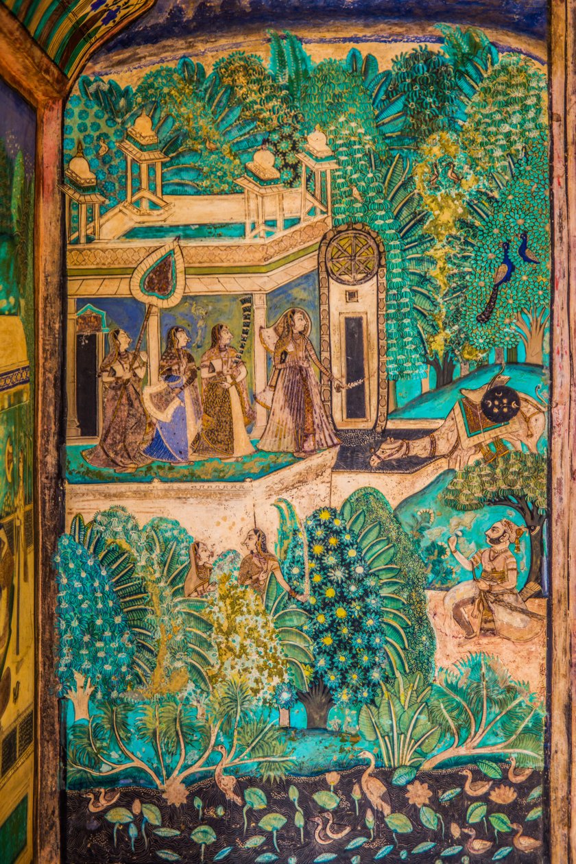 Chittra Sala gårdhave med virtuose fine malerier, Taragarh Fort, Bandi, Bandi, Rajasthan, Indien, Asien (Foto) af Unbekannter Künstler