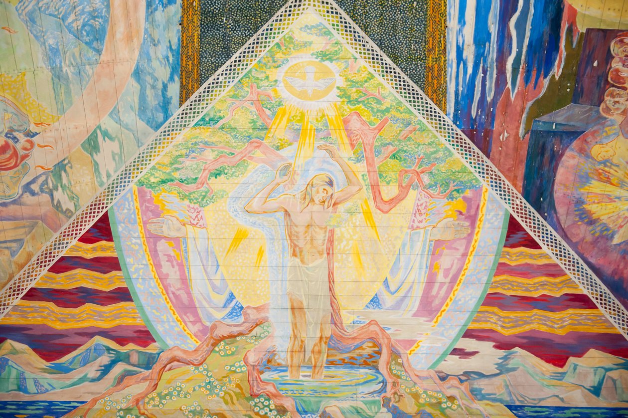 Kristendom; moderne; kunst; farverigt loftmaleri af Lous Mohr """ Trinity""""; 1938; maleri af Jesus Kristus inde i Oslo katedral; Oslo Domkirke; Oslo; Norge; Skandinavien; Nordeuropa; Europa af Unbekannt