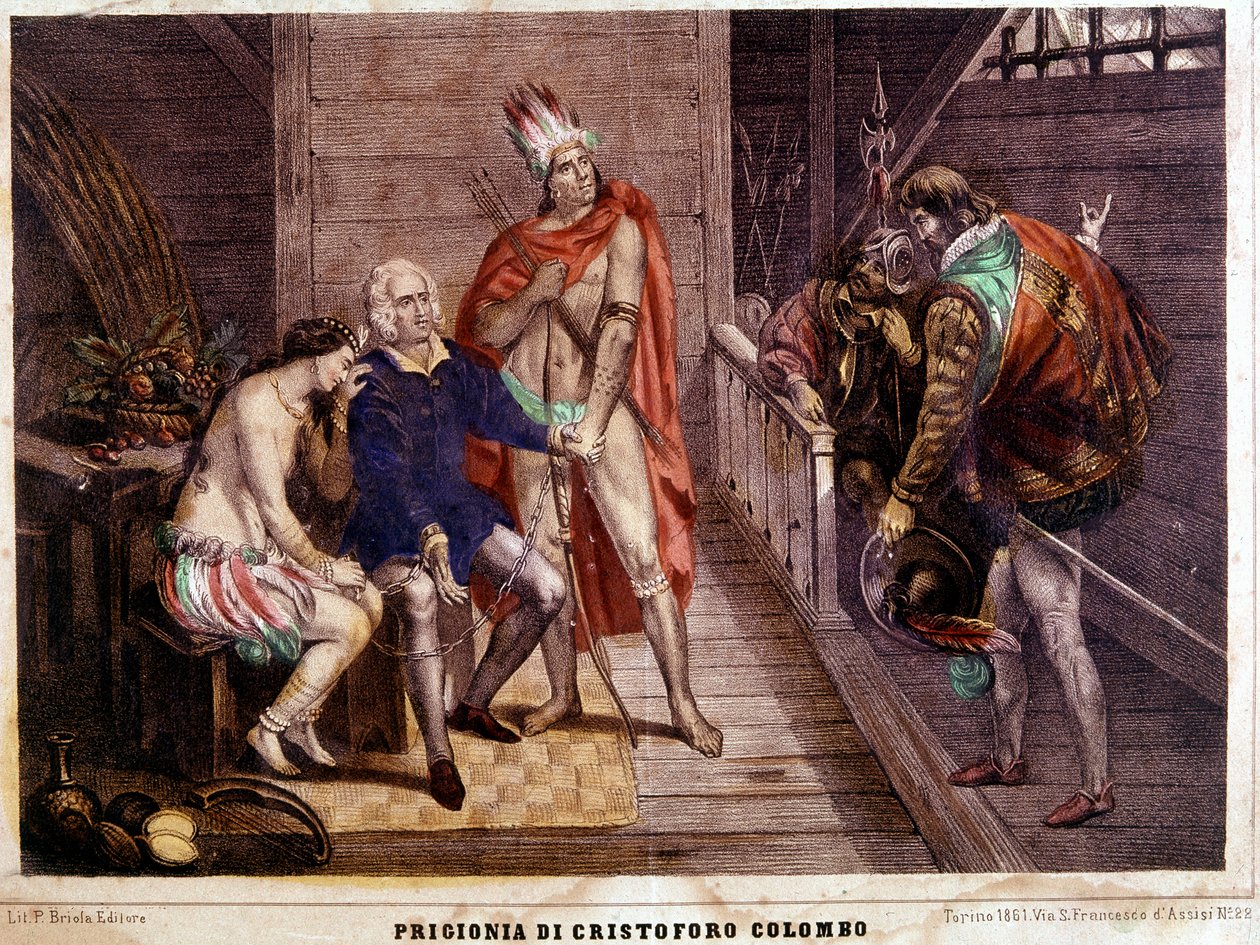 Christopher Columbus (Colombo) kæder i 1500 på vej tilbage til Spanien - italiensk stik fra 1861 af Unbekannter Künstler