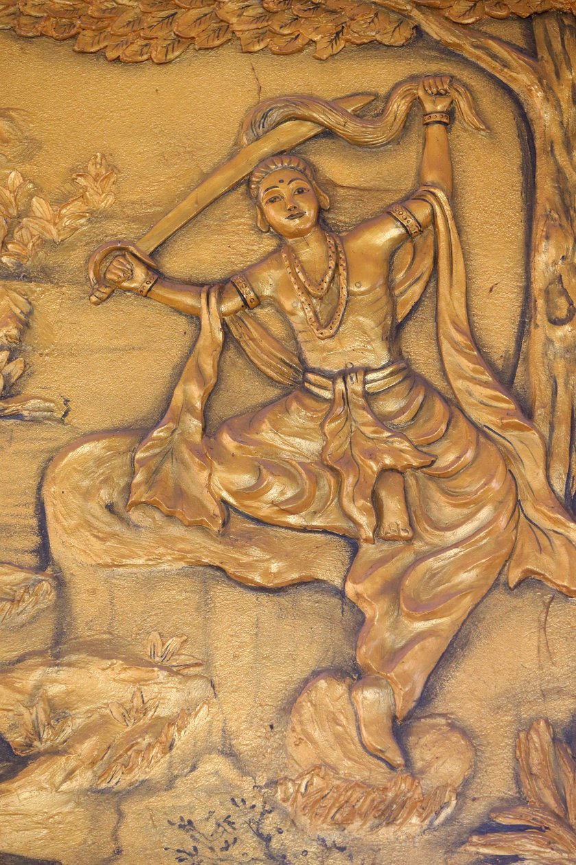 Chua Thiep Long buddhistisk pagode. The Great Tonsure: Buddha klipper sit hår med sit sværd. Så skiftede han sin prinses tøj til en tiggerkåbe. Så begyndte han sin søgen efter oplysning Thay Ninh. Vietnam af Unbekannt