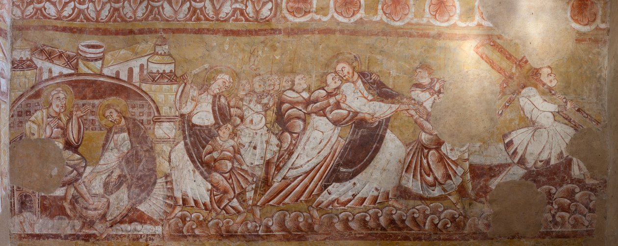 Kirke (Église Saint-Martin). Interiør. Vægmalerier (fresko). Korets nordvæg. Detalje. Anholdelse af Kristus, fodvask. 12. århundrede. af Unbekannt